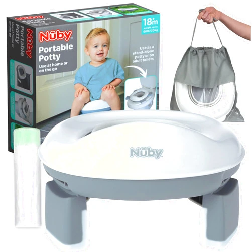 Nuby On-The-Go Portable Potty Seat - Travel Toilet Seat for Boys and Girls 18+ Months - Includes Storage Bag and Disposable Potty Liners - Toddler Travel Essentials - Toddler Potty Training Toilet
