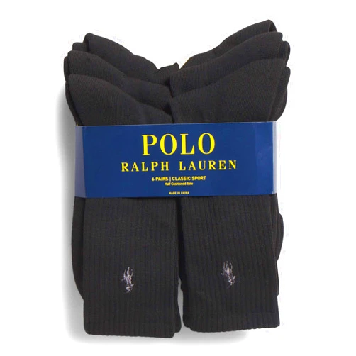 Polo Ralph Lauren Men's Classic Ribbed Crew Socks - 6 Pack (Black)