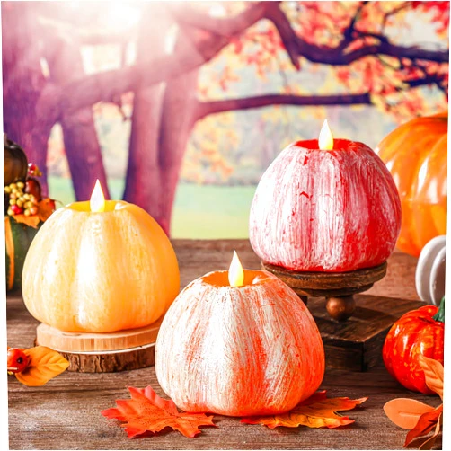 MTLEE 3 Pcs Pumpkin Flameless Candles, LED Battery Operated Pumpkin Candles Lights Decorations Set for Thanksgiving Fall Party Decor