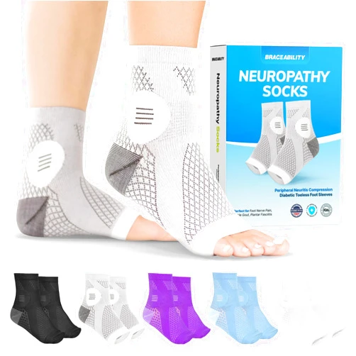 BraceAbility Neuropathy Socks (Pair) - Peripheral Neuritis Compression Diabetic Toeless Foot Sleeves for Nerve Damage Pain in Feet, Ankle Gout, Plantar Fasciitis Relief Brace for Men and Women (S - Gray)