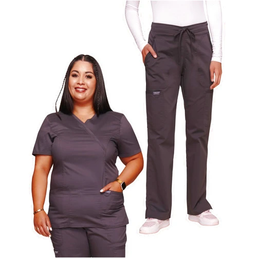 Cherokee Scrub Set for Women Modern Classic Fit Mock Wrap Top WW610 with Mid Rise Moderate Flare Drawstring Pant-WW120, Pewter- M Top/M Pant
