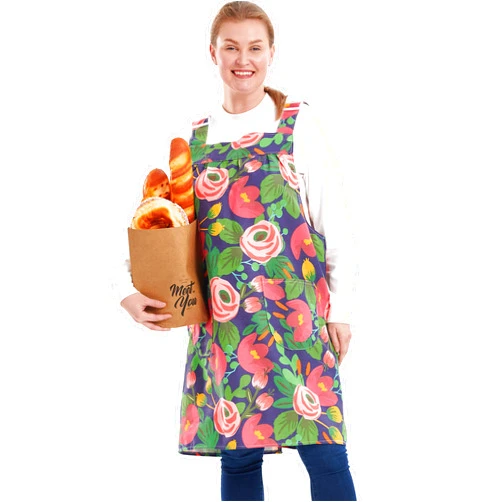 APRONNER No Ties Plus Size Aprons for Women with Pockets Cotton Linen Baking Kitchen Cooking