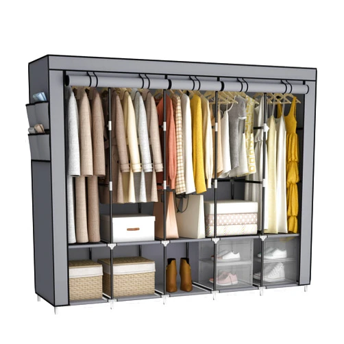 MOGELAFOO 83 Inch Large Capacity Portable Closet Wardrobe with Non-Woven Fabric Cover and 4 Side Pockets, 5 Hanging Rods, 10 Shelves - Grey Clothes Storage Organizer for Hanging Clothes