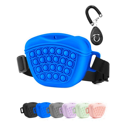 Gobeigo Dog Treat Pouch with Training Clicker 2.0-Upgrade Stronger Magnetic Closure to Avoid Spilling, 1.67 Cup Silicone Treat Bag Fanny Pack with Waist Belt for Pet Training Walking (Blue)
