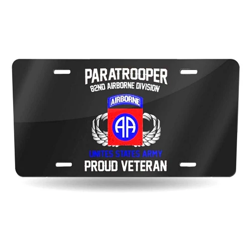 WSEDRF Proud Paratrooper Veteran 82nd Airborne Division License Plate Cover Aluminum Front Car Tag Metal License Plate with Four Holes 6x12 in