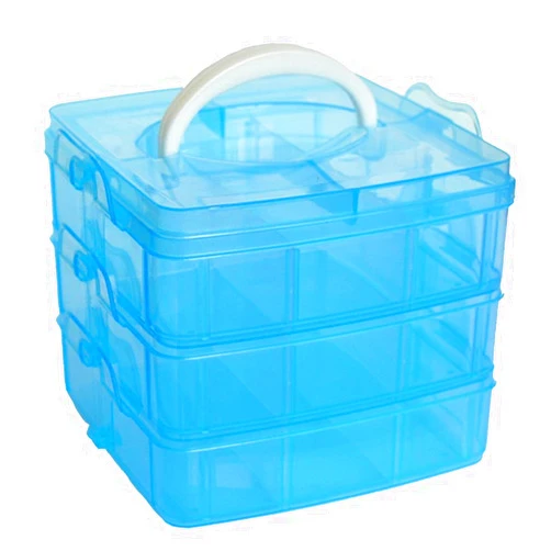 Kamay's 3-Tier Transparent Stackable Adjustable Compartment Slot Plastic Craft Storage Box Organizer Snap-Lock Tray Container 3 Sizes 4 Candy Colors Available(Medium 18 Compartment, Blue)