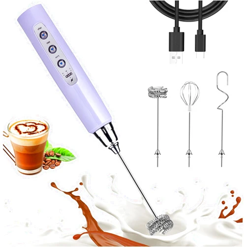 Nahida Light Purple Milk Frother Wand for Coffee, Frother Handheld Rechargeable Electric Whisk with 3 Heads 3 Speeds Drink Mixer Coffee Frother Foam Maker For Latte, Cappuccino, Hot Chocolate, Egg