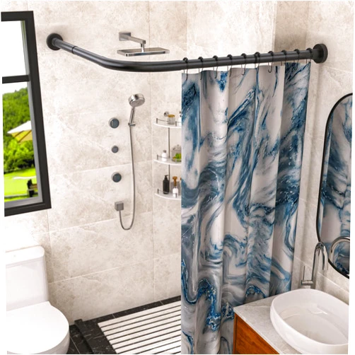 Sikaiqi Stretchable 304 Stainless L Shaped Bathroom Bathtub Corner Shower Curtain Rod Rack (Black 24