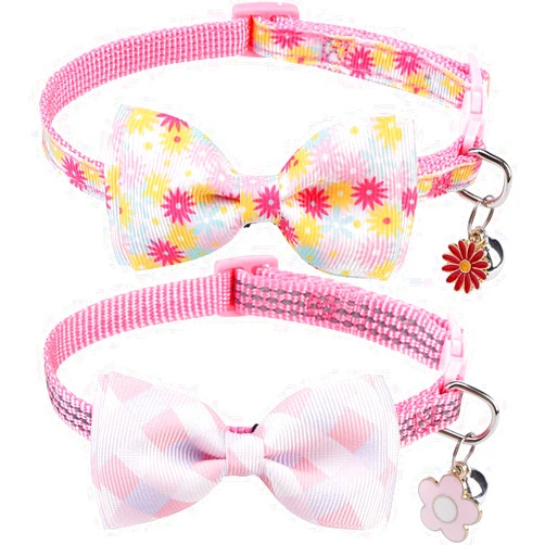 DILLYBUD Cat Collar Breakaway, Reflective Bowtie Cat Collar with Bell for Girl Cats, 2 Pack Adjustable Kitten Collar with Removable Pink Bow, Cute Girl Cat Collar Personalized Puppy Pet Collar