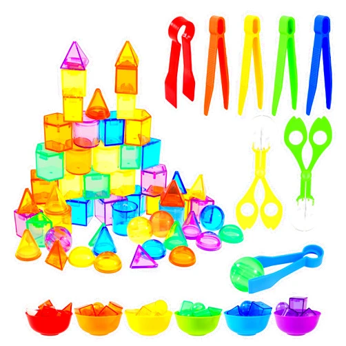 Bbiamsleep 76 Pcs Counting 3D Geometric Solids Colorful Plastic Geometric Shape Light Table Manipulative Counting Sorting Sensory Bin Filler Fine Motor Skills for Light Table Sorting Counting Training