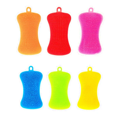 Qaeoity Silicone Sponge Dish Washing Kitchen Scrubber, 6 Pack Reusable Dish Washing Cleaning Sponges Double-Sided Multipurpose Non Stick Silicone Dish Sponges for Dishes, Fruit, Vegetable （Multicolor）