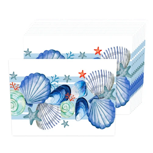 CHAROUP 50 PCS Summer Starfish and Seashell Placemats 16x11 Inch Disposable Paper Place Mats Seasonal Summer Blue Ocean Table Mats for Kitchen Dinning Table Indoor Outdoor Dinning Party Table Decoration