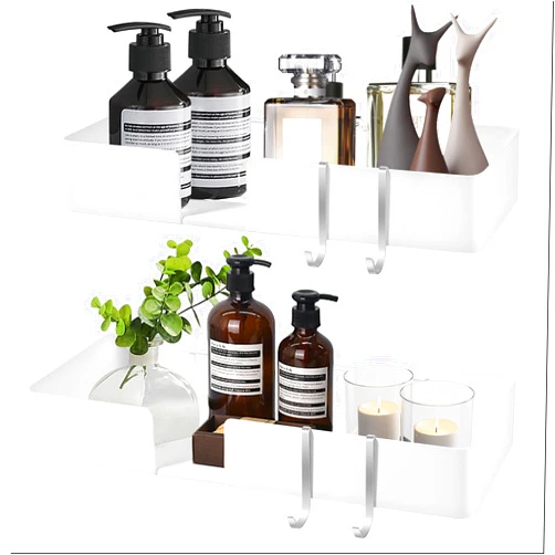 ABCOOL Shower Caddy Floating Bathroom Shelves - Set of 2, No Drill Wall Mounted Adhesive Hanging Shelves with Hooks Decorative Storage Shelves for Kitchen Living Room Bedroom