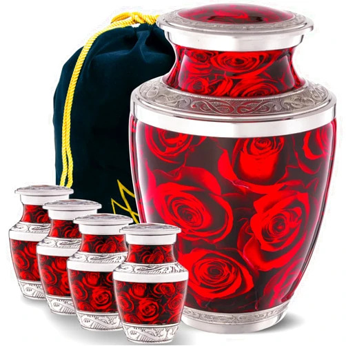 Olivia Memorials Large Red Urn with Roses - with 4 Boxed Keepsakes