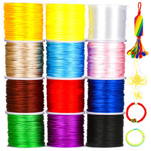 Cridoz 12 Rolls Nylon String for Bracelets, Satin Rattail Silk Cord Silky Beading String for Kumihimo, Braided Bracelets, Pendants Necklace, Macrame Craft, Keychains Lanyards, Jewelry Making