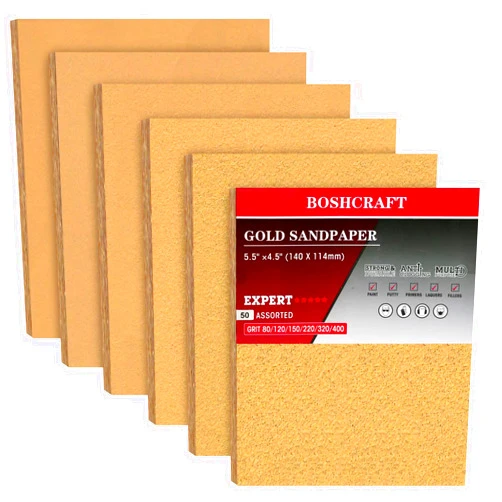BOSHCRAFT 50 Pcs 1/4 Sheet Sandpaper, Premium Sand Paper 80/120/150/220/320/400 Grit Sandpaper Sheet Sand Paper Assortment for Wood Metal Automotive Palm Sanders 5.5