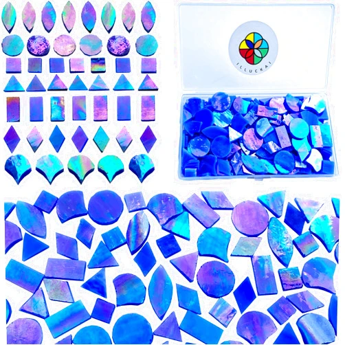 ILLUCKAI 7 Shapes Iridescent Glass Mosaic Tiles for Crafts, 280g Mosaic Glass Tiles Pieces for DIY Home Decor, Stained Glass Mosaic Kit for Mosaic Projects (Iridescent Blue)