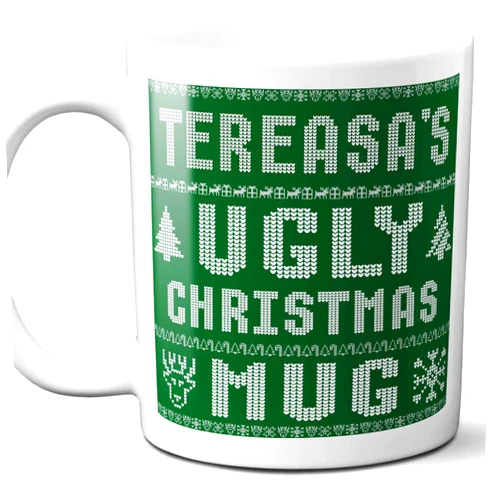 Westwood Tees Tereasa Name Christmas Gift. Personalized Ugly Christmas Sweater Coffee Mug. Funny Custom Xmas Gift, Stocking Stuffer For Friends, Coworkers And Person Who Has Everything. 11 Ounces.