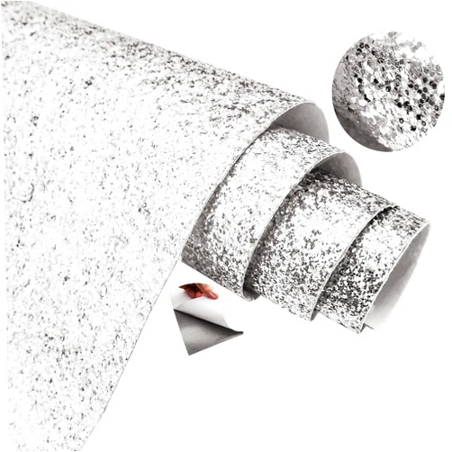 AZKEEGREY AGOOBO Self Adhesive Silvery Glitter Wallpaper,Peel and Stick Roll Decor Sparkle Glitter Fabric (17.4 inch x 16.4 ft, Shiny Silver)
