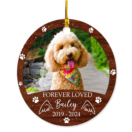 Pissro Forever Loved Pet Dog Ornament Christmas 2024, Custom Memorial Photo Ornament Xmas, Personalized Name & Year in Loving Memory Pet Ornament, Angel Wings & Paw Prints Keepsake Ornament, Xmas Dog Memory