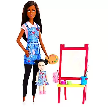 Barbie Art Teacher Playset with Brunette Doll, Toddler Doll, Toy Art Pieces