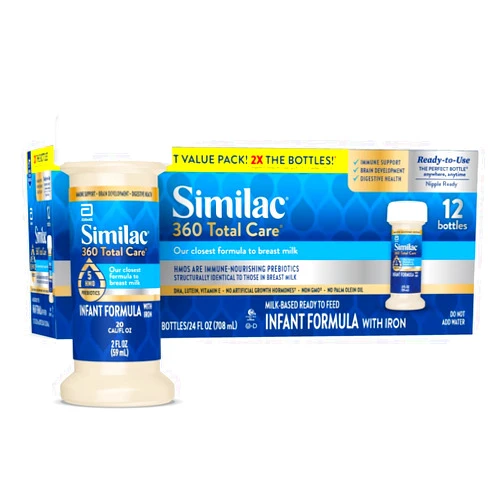 Similac 360 Total Care Infant Formula, Has 5 HMO Prebiotics, Our Closest Prebiotic Blend to Breast Milk, Non-GMO,‡ Baby Formula, Ready to Feed, 2-fl-oz Bottle, Pack of 12