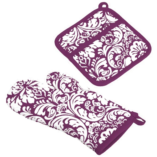 DII Quilted Kitchen Oven Mitt & Potholder Set, Hanging Loop for Convenient Storage, OM 6.5x12/PH 8x8.5, Eggplant Damask Print, 2 Piece