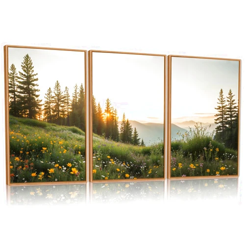 FWIEXA Mountain Canvas Wall Art Set, Framed Forest Nature Wall Decor, 3 Piece Landscape Paintings Artwork, 16x24 Inches Wildflower Pictures for Living Room, Bedroom, Office