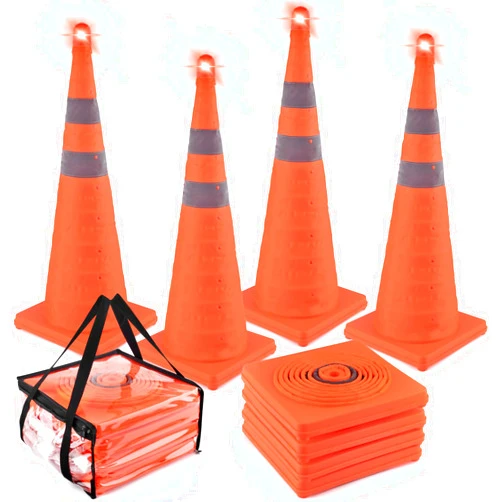 ERKOON 4 Pack 28 inch Collapsible Traffic Cones with Bag, Safety Cones with 4 LED Safety Road Parking Cones Driving Construction Cones Fluorescent Orange Pop Up Reflective Safety Traffic Cones