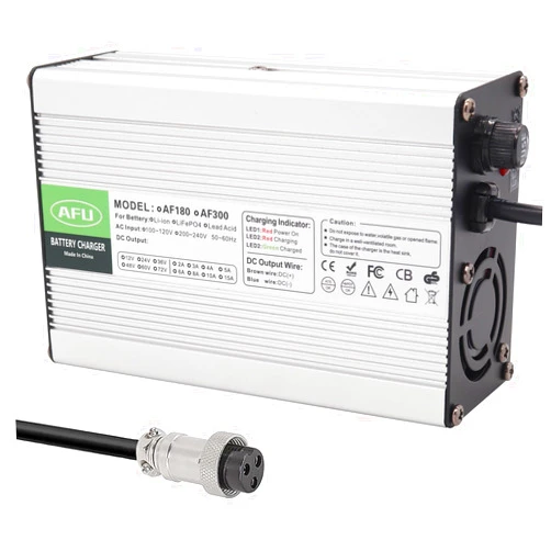 AFU 67.2V 3A Charger 60V Li-ion Battery Smart Charger Silver Aluminum Used for 16S 60V Li-ion Battery DC Output GX16 1+3- Plug