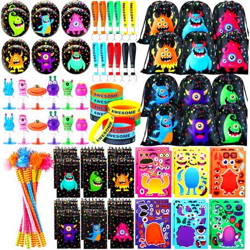 Abbylike 102 Pcs Monster Party Favors Include Make Your Own Stickers, Spring Launchers Toys, Monster Drawstring Backpack, Notebooks, Silicone Wristbands, Keychains, Badges Pins, Pencils