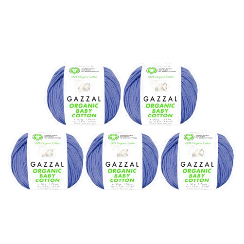 GAZZAL 5 Ball (Pack) Gazzal Organic Baby Cotton Yarn, Total 8.8 Oz. 100% Organic Cotton, Each 1.76 Oz (50g) / 125 Yrds (115 m), 3 Light DK, Lilac - 428