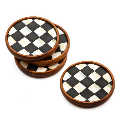 MacKenzie-Childs Courtly Check Round Enamel Coasters, Table Coasters for Drinks, Set of 4