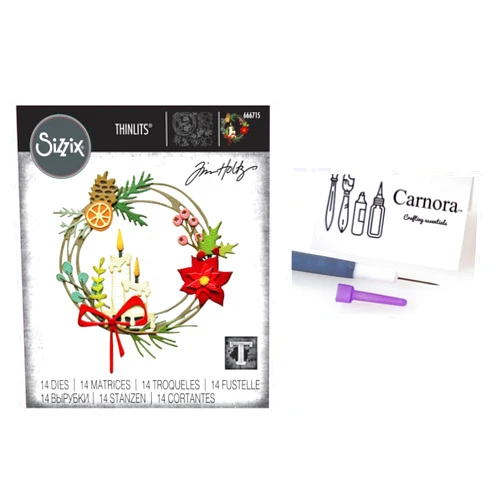Tim Holtz Sizzix Vault Festive Wreath Thinlits Die Set (666715), 14 Dies, Carnora Die Release Gadget