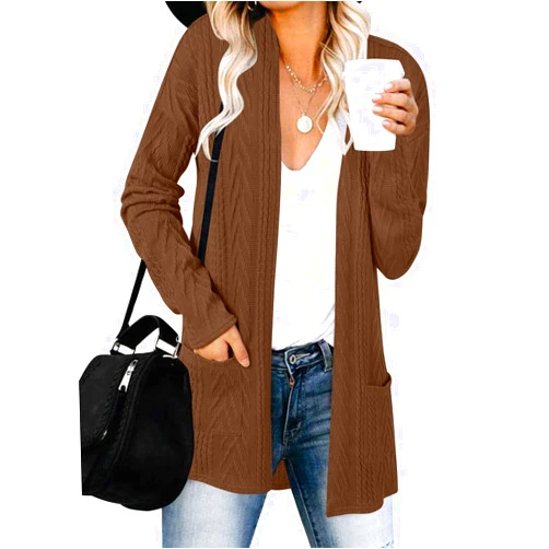 MEROKEETY Women's Casual Long Sleeve Open Front Cable Knit Cardigans Lightweight Solid Color with Pockets