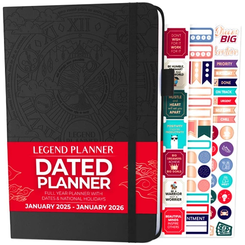Legend Planner Jan 2025 – Jan 2026 Dated Weekly & Monthly Planner to Hit Your Goals, Increase Productivity & Live Happier. Organizer Notebook & Productivity Journal. A5 Hardcover (Black)