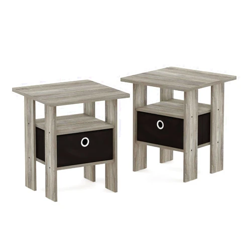 Furinno Andrey Set of 2 End Table / Side Table / Night Stand / Bedside Table with Bin Drawer, French Oak Grey