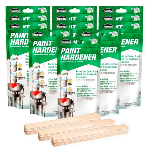HOMESPHERE Homax Waste Away Paint Hardener, 12 Packs, 3.5oz – Fast Acting Paint Solidifier for Disposal - Paint Drying Powder for Acrylic & Latex Paint with 25 Pcs. of 14 Inch Wooden Stir Sticks