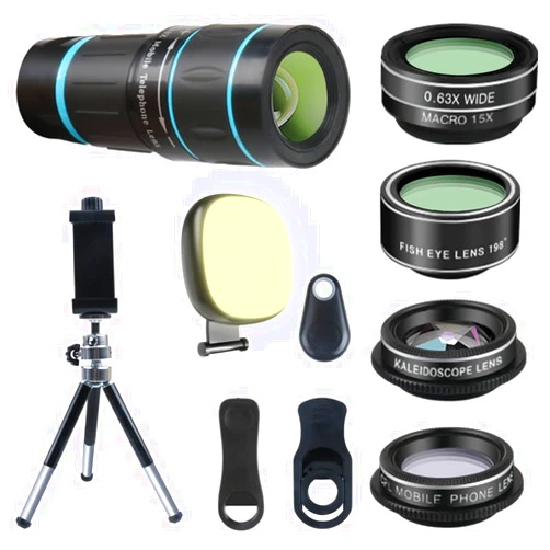 Godefa Phone Camera Lens, 6 lenses+ LED Light+ Remote Shutter+ Tripod, 18X Telephoto Zoom/Wide angle/Macro/Fisheye/CPL/Kaleidoscope camera lens kit for iPhone Xs X XR 8 7 6 Plus Samsung and Android