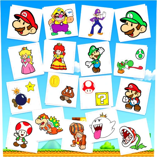 TattooFun Mario Party Supply Temporary Tattoos | Pack of 34 | MADE IN THE USA | Skin Safe | Party Supplies & Favors | Removable