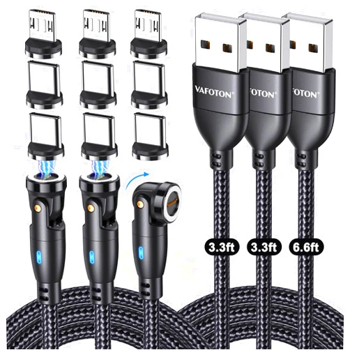 VAFOTON USB Magnetic Charging Cable 3-Pack(3.3+3.3+6.6ft), 540° Rotating Magnetic Phone Charger Cable with Data Transfer, 18W Magnetic Charger Cord with LED Light for Cell Phone