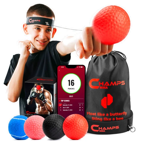 Champs MMA Boxing Reflex Ball Set with Punch Counter App– 4 Boxing Balls with Varying Weights, Headband and 4 Spare Strings to Improve Speed, Hand-Eye Coordination for Men, Kids Boxing Equipment MMA Gear Gift