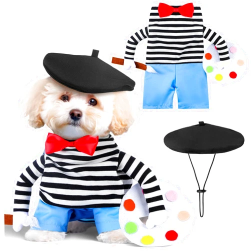Dansydaisy Halloween Dog Costume Funny Dog Costume with Hat French Artist Dog Costume Painter Pet Clothes T-Shirt Jeans Beanie Beret Ties for Halloween Cosplay Brithday Party(S)