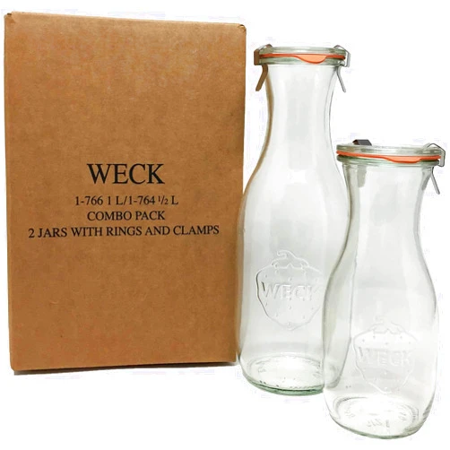 Weck Juice Jar Combo Pack - (1) 766 1-Liter jar (1) 764 1/2-Liter jar with Glass Lids, Rubber Rings and Steel Clamps