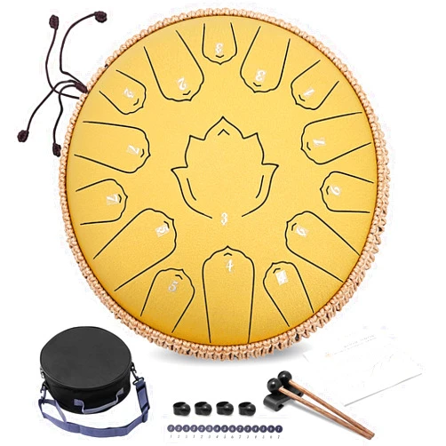 CIRONBOW Steel Tongue Drum 13 Inch 15 Notes,Hand Drums with C-Key Travel Bag Drumsticks Holder Finger Paddles and Music Book,Handpan Percussion for Musical Education Meditation Yoga Gifts(Yellow)
