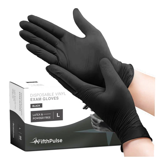FifthPulse Black Vinyl Disposable Gloves - Powder and Latex Free Medical Exam Gloves