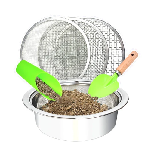 QUTIING Soil Sifter for Gardening, Stainless Steel Sifting Pan Dirt Sifter, 9.5in Soil Sifter with 3 Sieve Mesh Filter Sizes (0.04