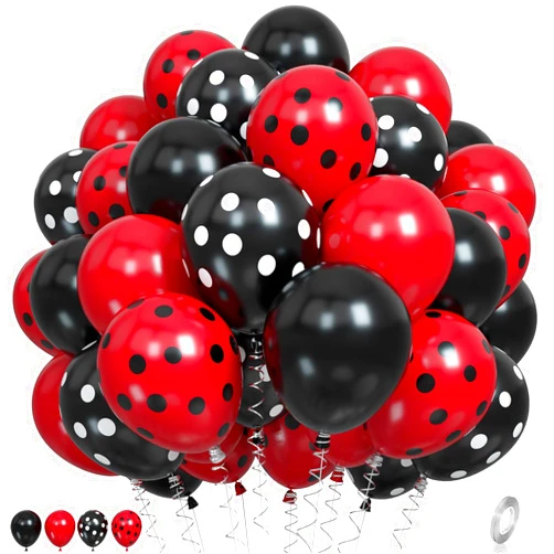 Paready Ladybug Balloons, Red Black Polka Dots Balloons Matte Black and Red Balloons Black and White Polka Dot Latex Balloons for kids Adults Ladybug Birthday Jungle Party Wedding Baby Shower Graduation