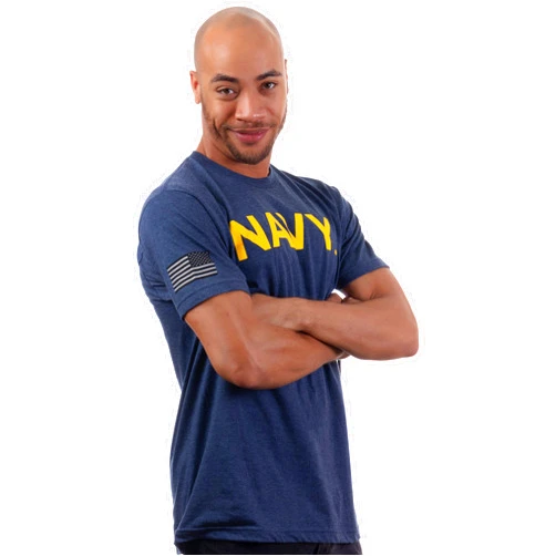 Ann Arbor T-shirt Co. Navy Chest Print & U.S. Military Sleeve Flag | Naval Veteran Sailor Style Shirt