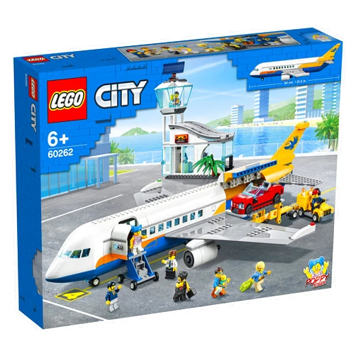 LEGO City Passenger Airplane 60262, with Radar Tower, Airport Truck with a Car Elevator, Red Convertible, 4 Passenger and 4 Airport Staff Minifigures, plus a Baby Figure (669 Pieces)